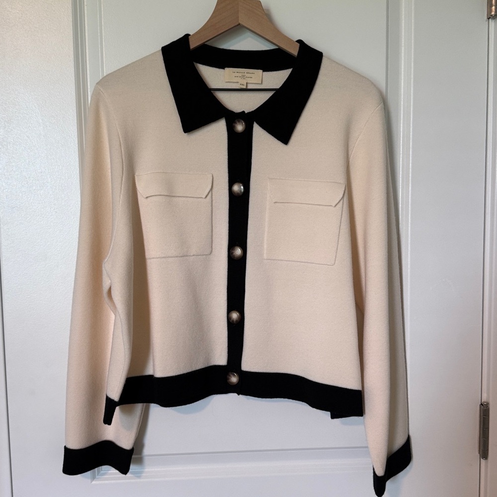 Sezane Betty Cardigan Ecru / Black - Size XXL
